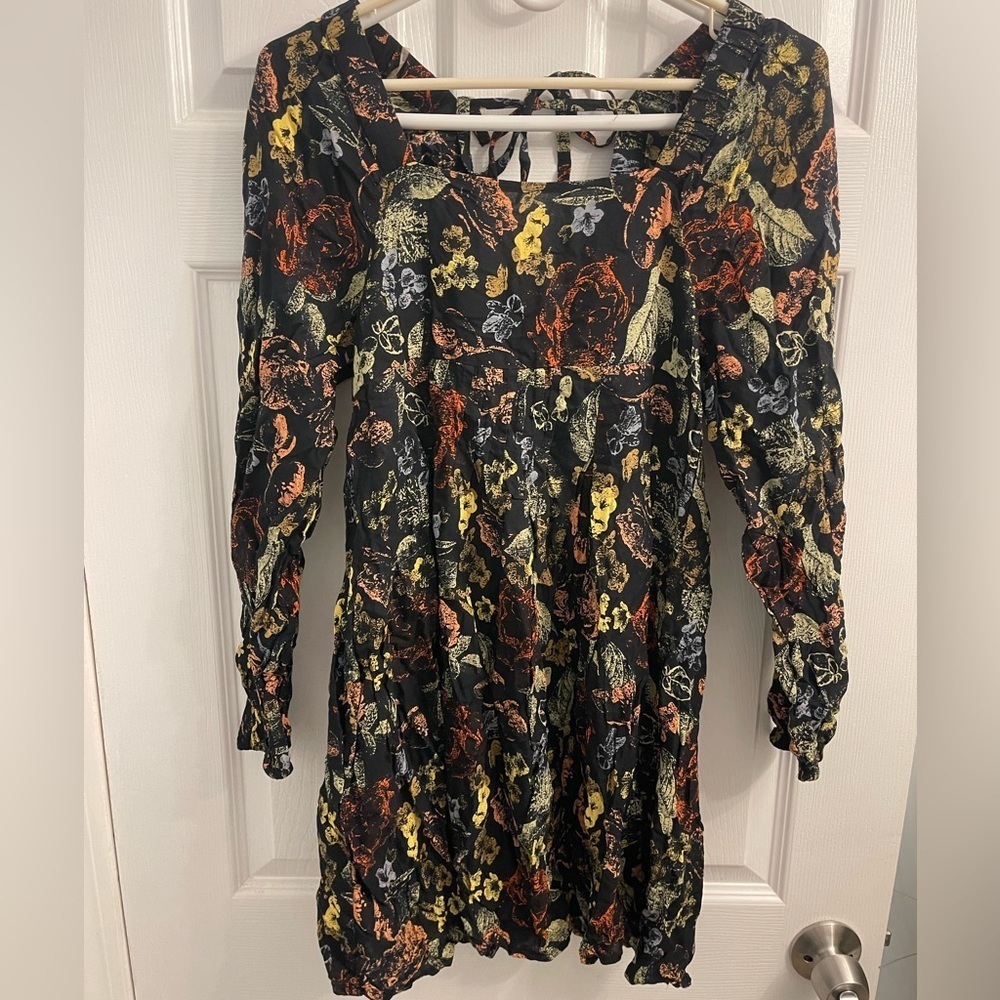 Boho Long Sleeve Floral Dress - Black and Orange